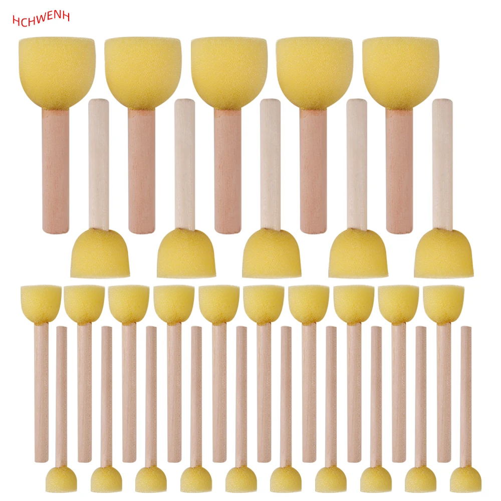 30 Pieces Art Sets Round Foam Sponge Paint Brush With Wooden Handle For Kids Drawing