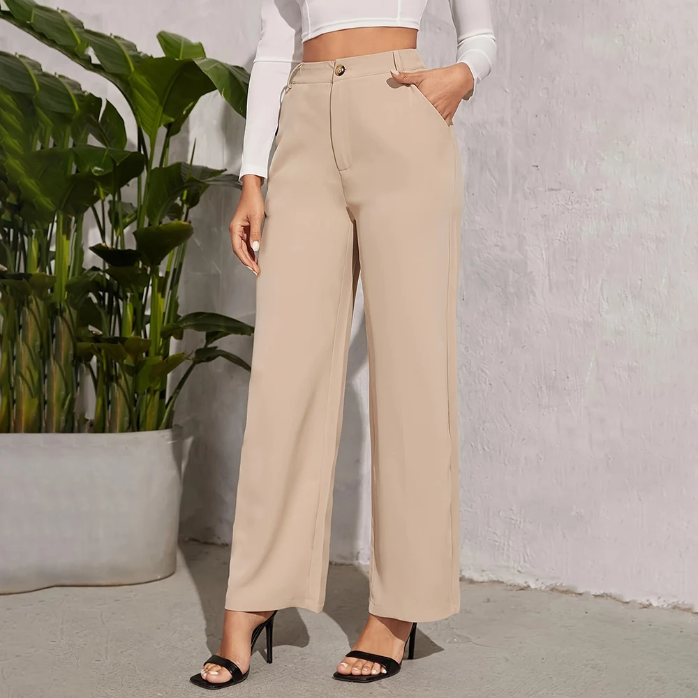 Hot Sales Soft Pants For Women Solid High Waist Straight Leg Pants Straight-Leg Pants For Women Office Women Slim-Fit Trousers