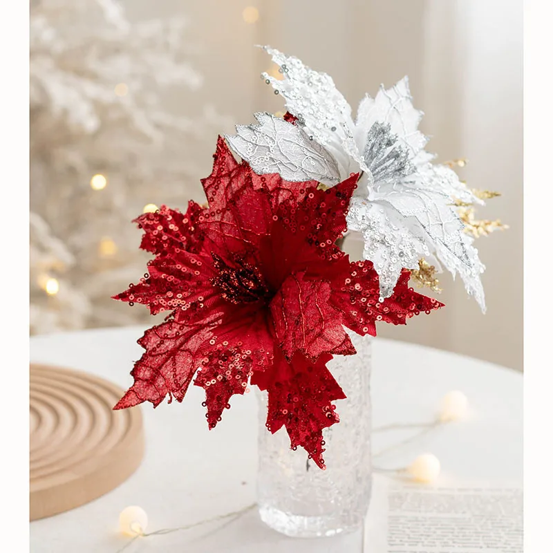 Hot Selling Christmas Flowers Golden  For Christmas Tree Decorations 20cm Sequined Flannel Christmas Flower