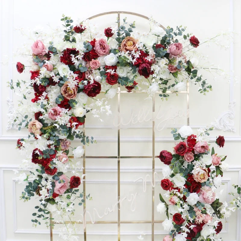 Wedding Arch Decor Hang Corner Flower Colorful Rose Eucalyptus Artificial Flower Row Party Stage Backdrop Flowers