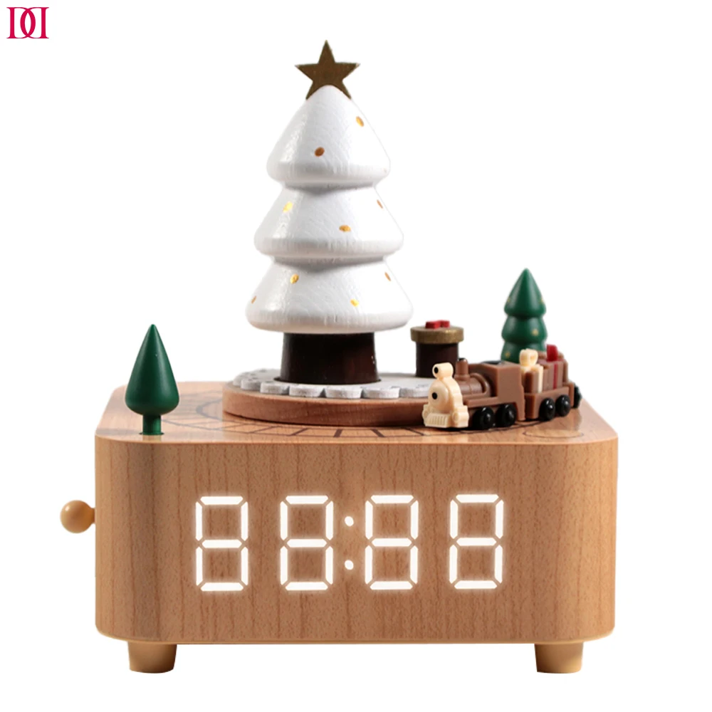 Dolphin Industry BR Custom Christmas Orgel Clock Music Boxes Wind Up Wood Music Box With Rotating Small Train And Time Display
