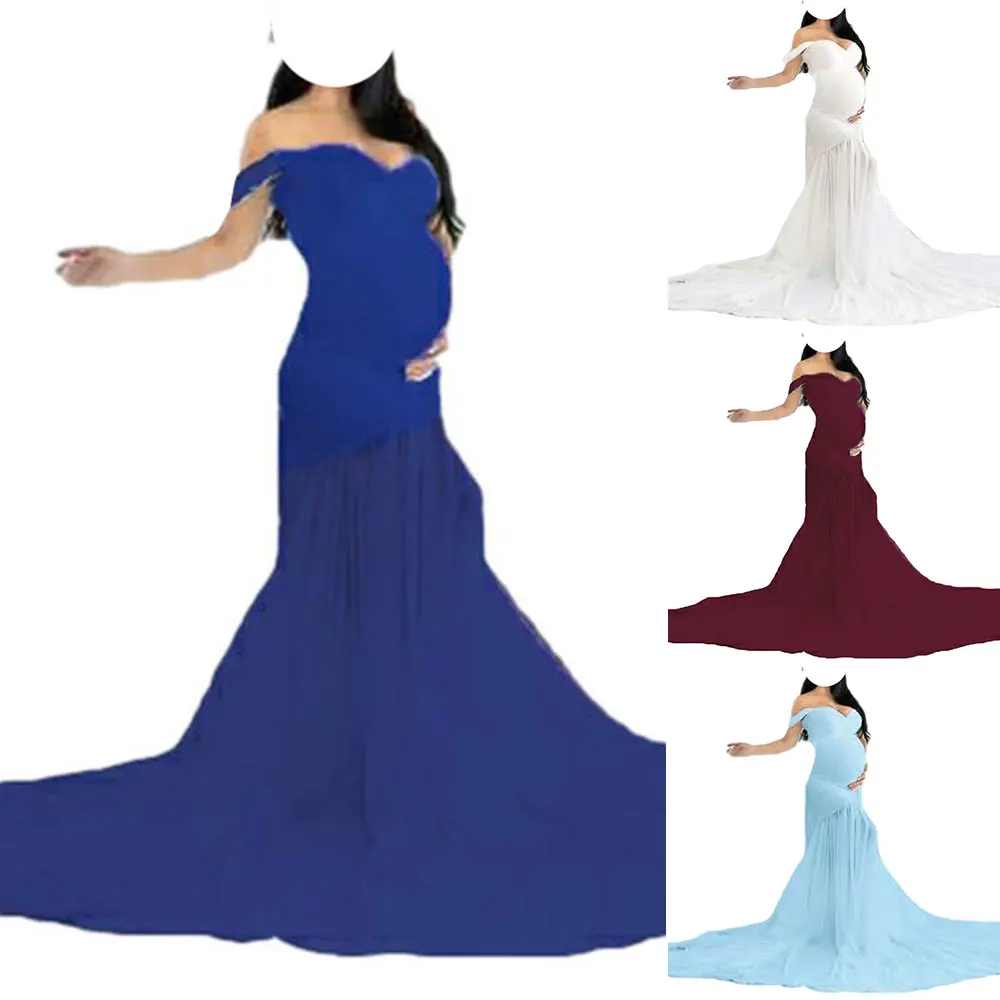 Off Shoulder Solid Color Long Tail Pregnancy  Evening Dress Maternity Dresses Photography
