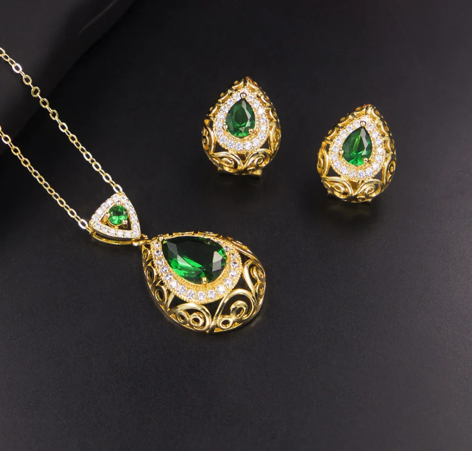 Green Emerald Jewelry Set Sterling 925 Silver Plating Platinum Zircon Necklace Set Sapphire Zircon Jewelry Set For Woman Gift