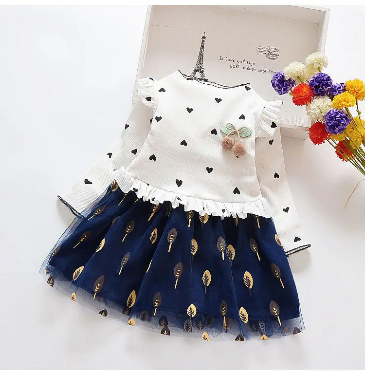 TDH Baby Kids Children Little Girl Heart Pattern Skirt Long Sleeve Floral Stitching Dress