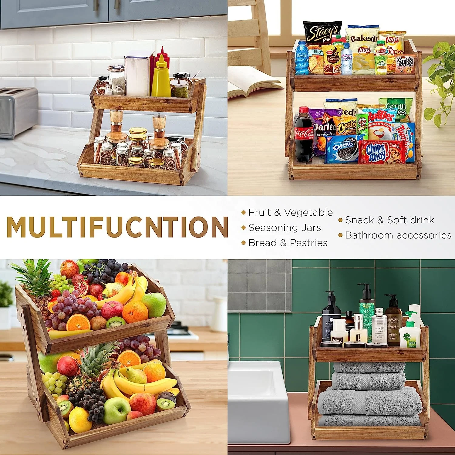 Large Capacity 2 Tier Bamboo Wood Fruit Basket Fruit Stand Storage Holder For Fruit,Vegetables,Bread Storage And Home Kitchen