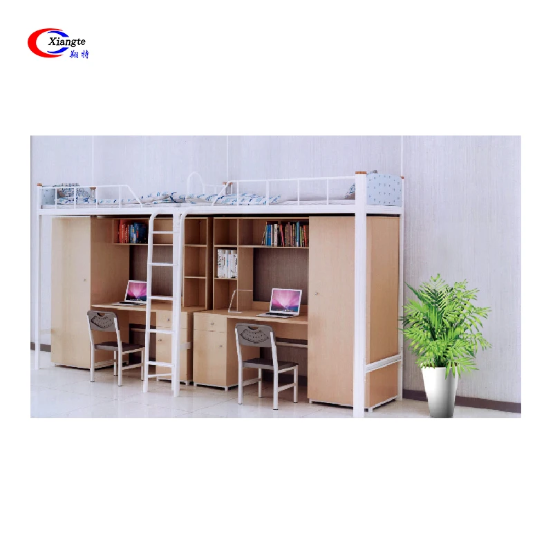 University School Twin Over Metal Frame Dormitory Bunk Bed With Desk And Wardrobe
