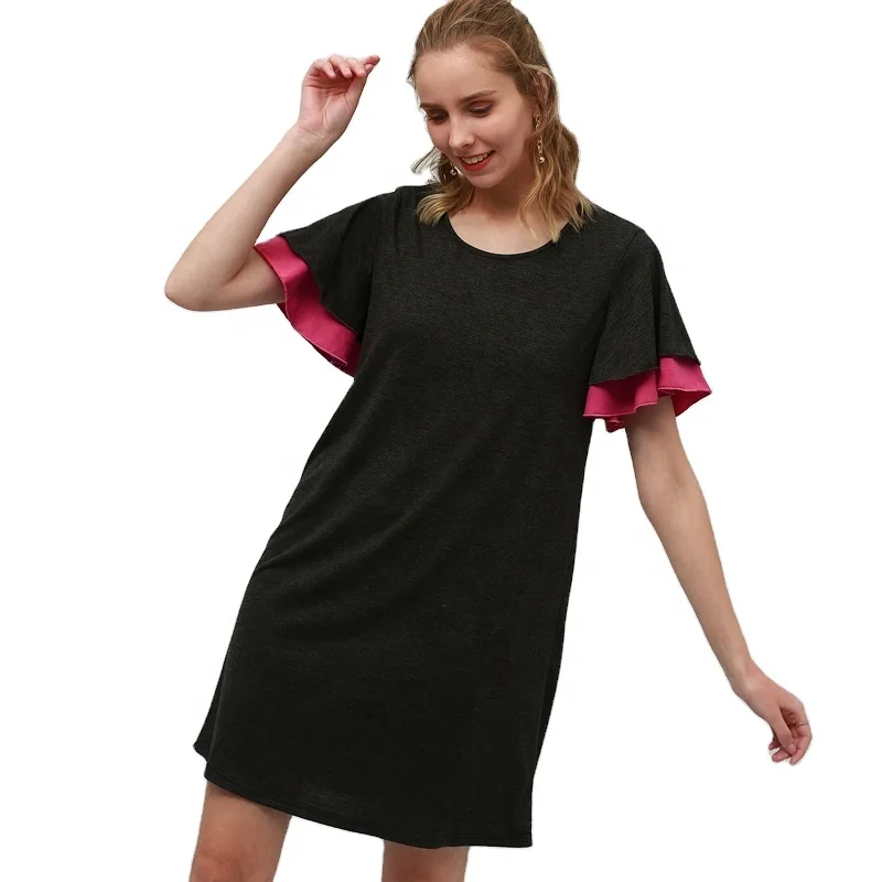 
in stock Women Short ruffles red ribbon sleeve crew neck knee length summer cotton poly casual black solid minidress RTS custom 