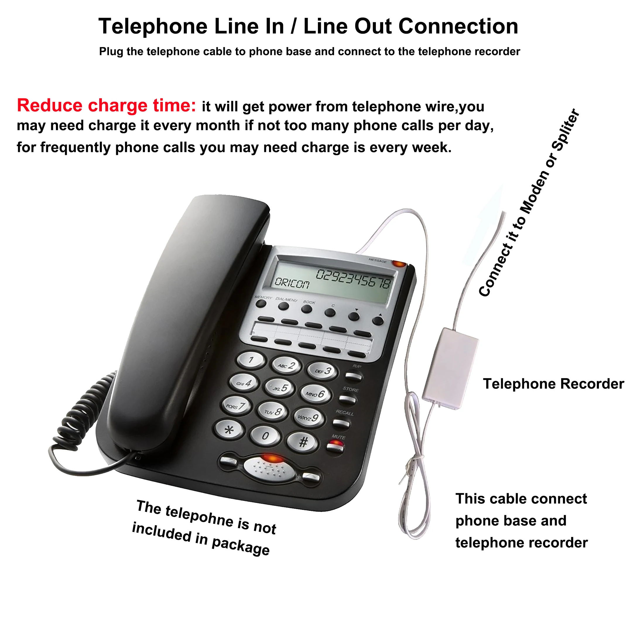 Max 32GB USB Telephone Phone Voice Recorder,Mini Telephone Recorder for Landline,Get Power from Telephone System