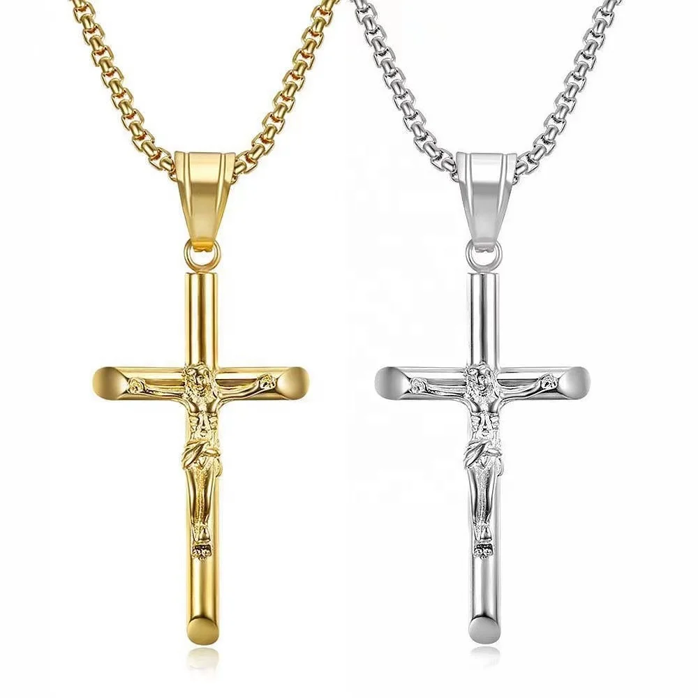 Hot Sale Necklace Jewelry Mens and Womens Gold Plated Stainless Steel Jesus Cross Pendant