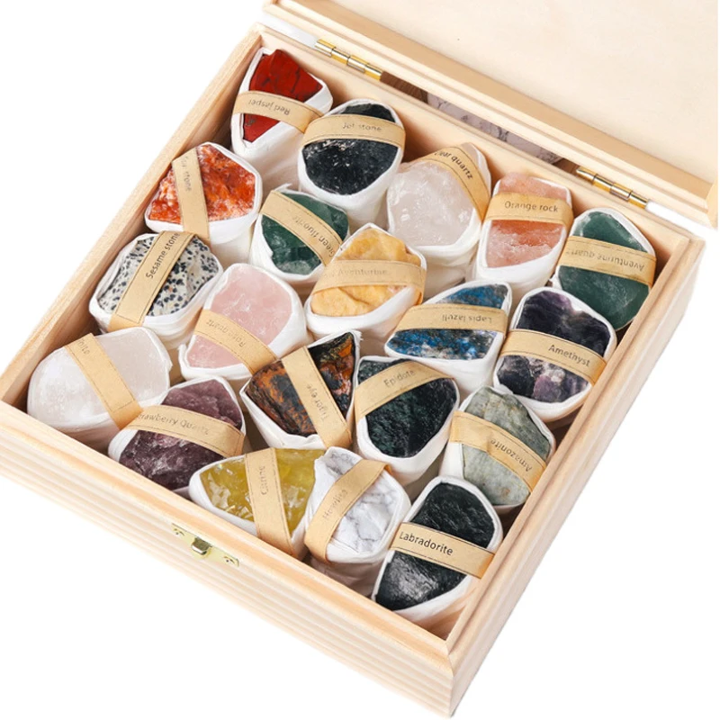 Wholesale Natural Raw Crystal Rough Gemstone Mixed Color Healing Stone Gift Box With Hot Stone Massage Set