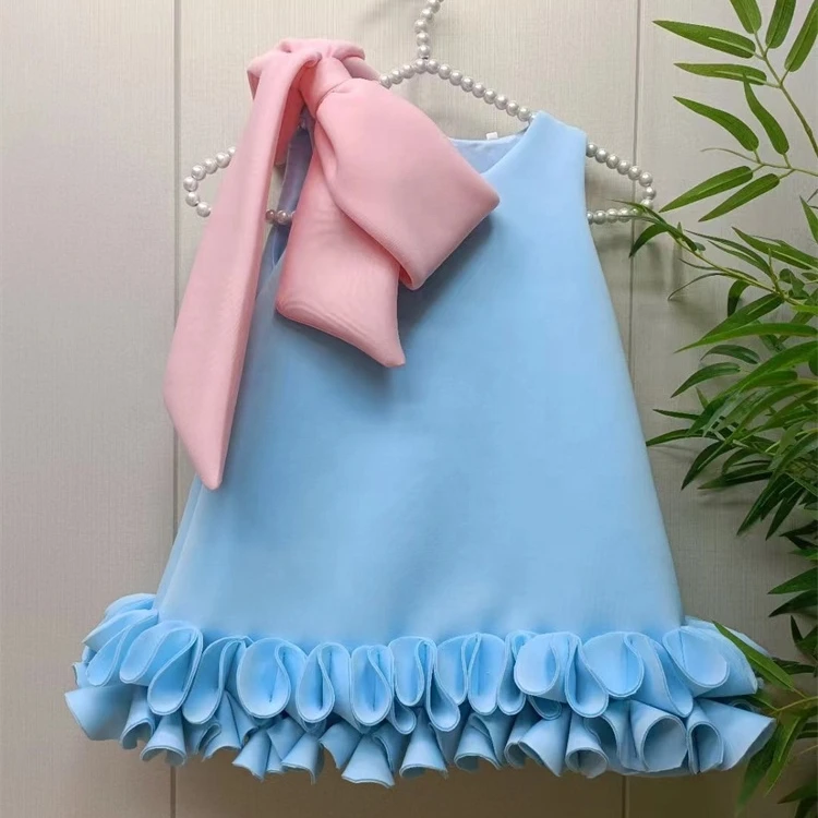 High quality Baby blue girls frock designs baby 1-12 year old party dress pictures kids party wear dresses