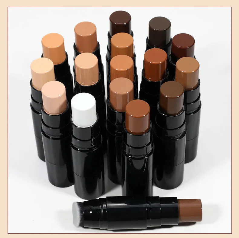 Face Makeup Private Label Double Head Matte 2 In 1 Round Plastic Tube Long Wear Cream Bronzer Contour Concealer Stick With Brush