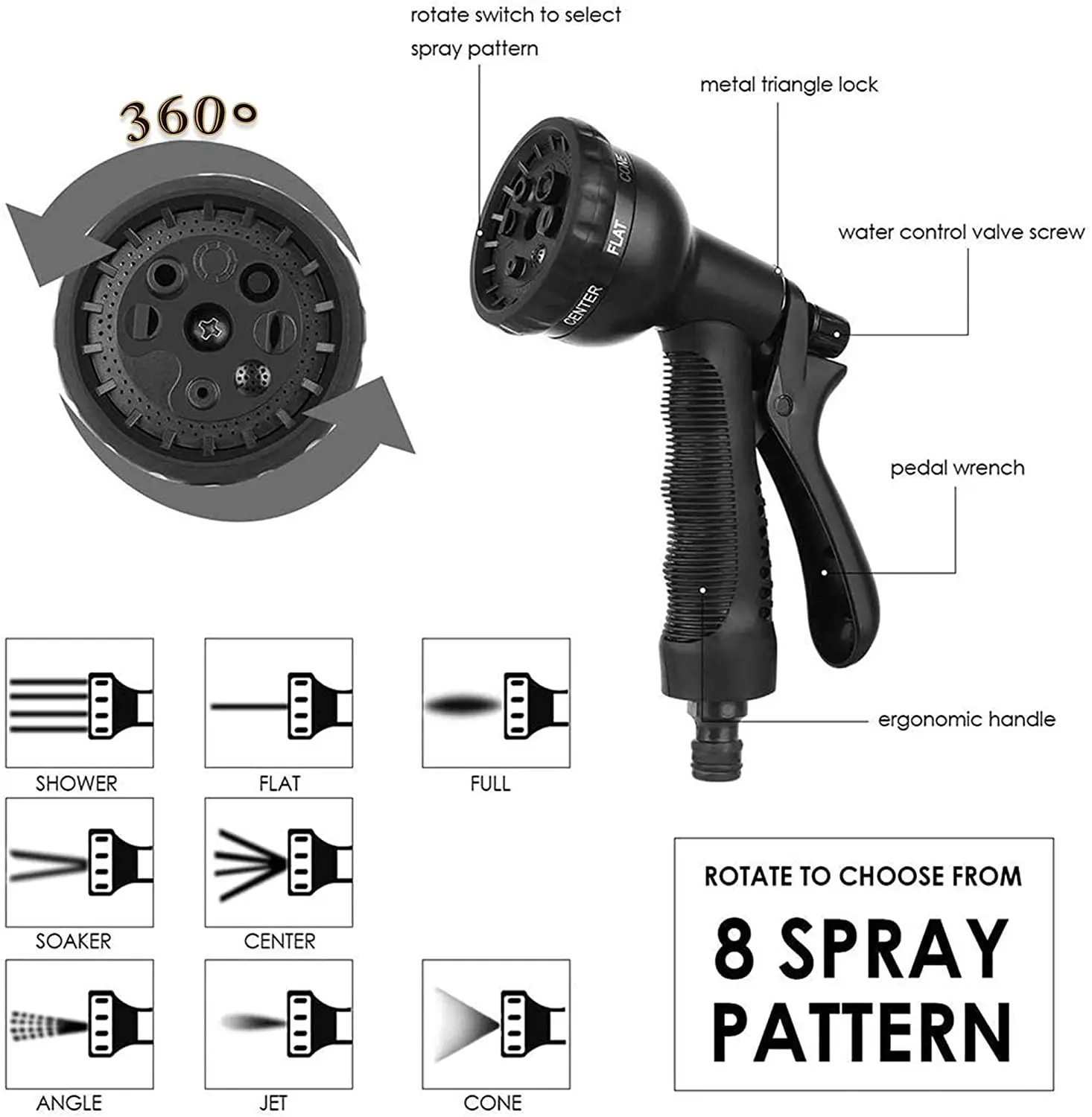 Hot Sale 8 Pattern Spray Modes Adjustable Garden Hose Nozzle Water Plastic Gun