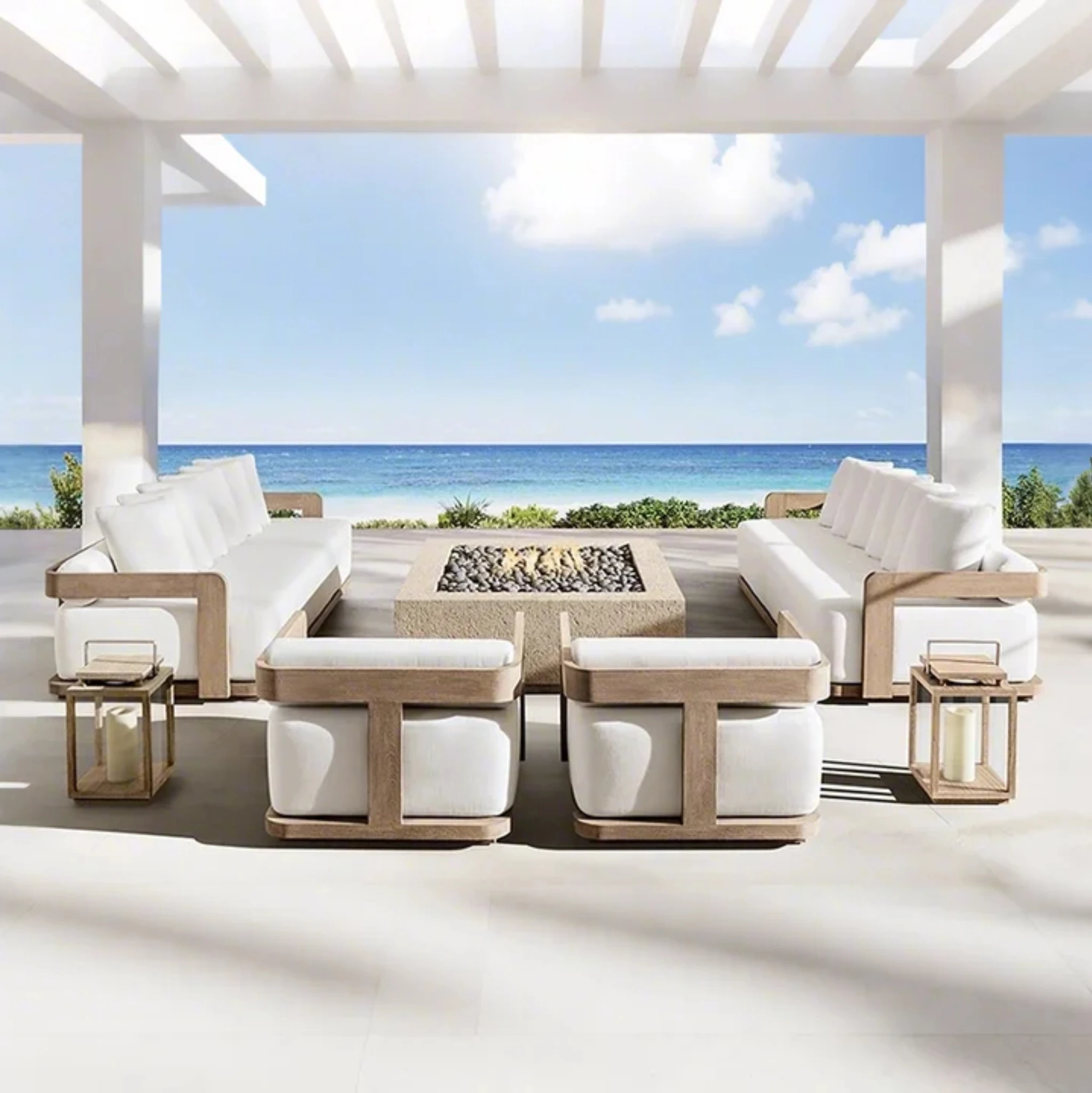 High end luxury yacht villa Myanmar solid wood patio outdoor furniture unique planks design Burma teak sofa