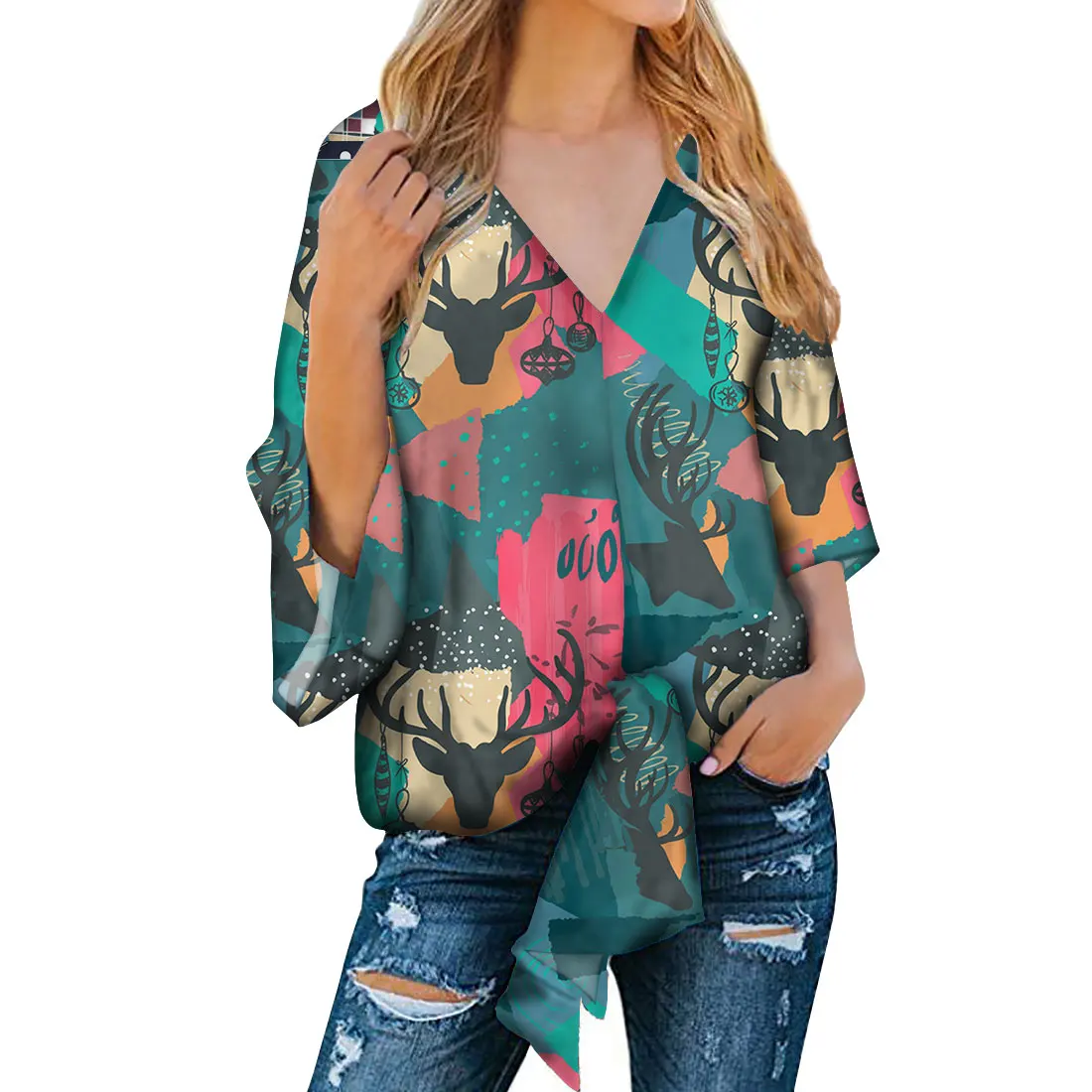 
Drop Shipping Christmas Style Print Fashion Women Crop Tops V Neck Ladies Sexy Tops Woman 