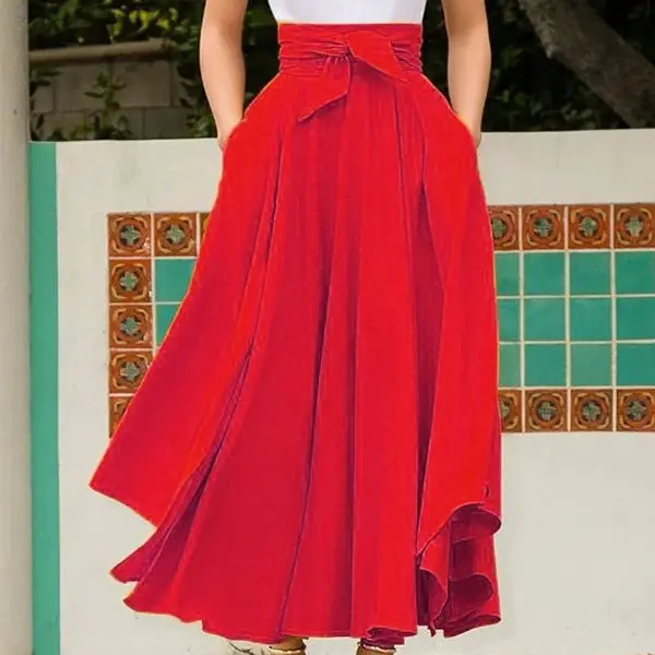 New Fashion Solid Color Bow Belt Big Hem Ladies Long Skirts Long Summer Pleated Skirts Women
