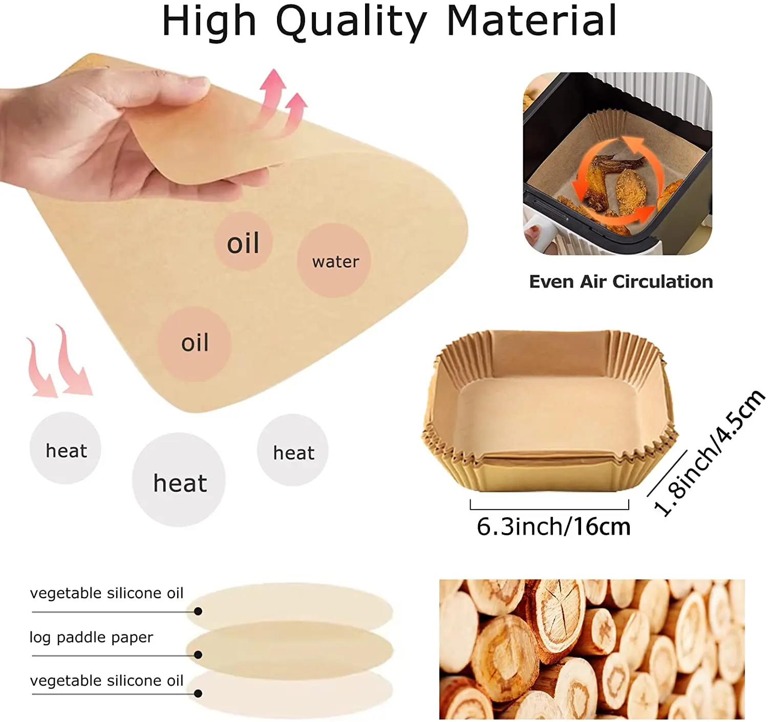 100Pcs Water Oil-proof Fryer Disposable Paper Liner Non-stick Air Air Fryer Liners Square for Baking Parchment Paper Roasting