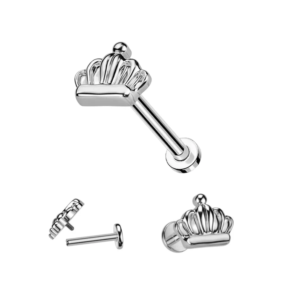 Calendo G23 Titanium PVD Gold Titanium Crown Internally Threaded Lips Piercings Labret Body Jewelry for Woman Man