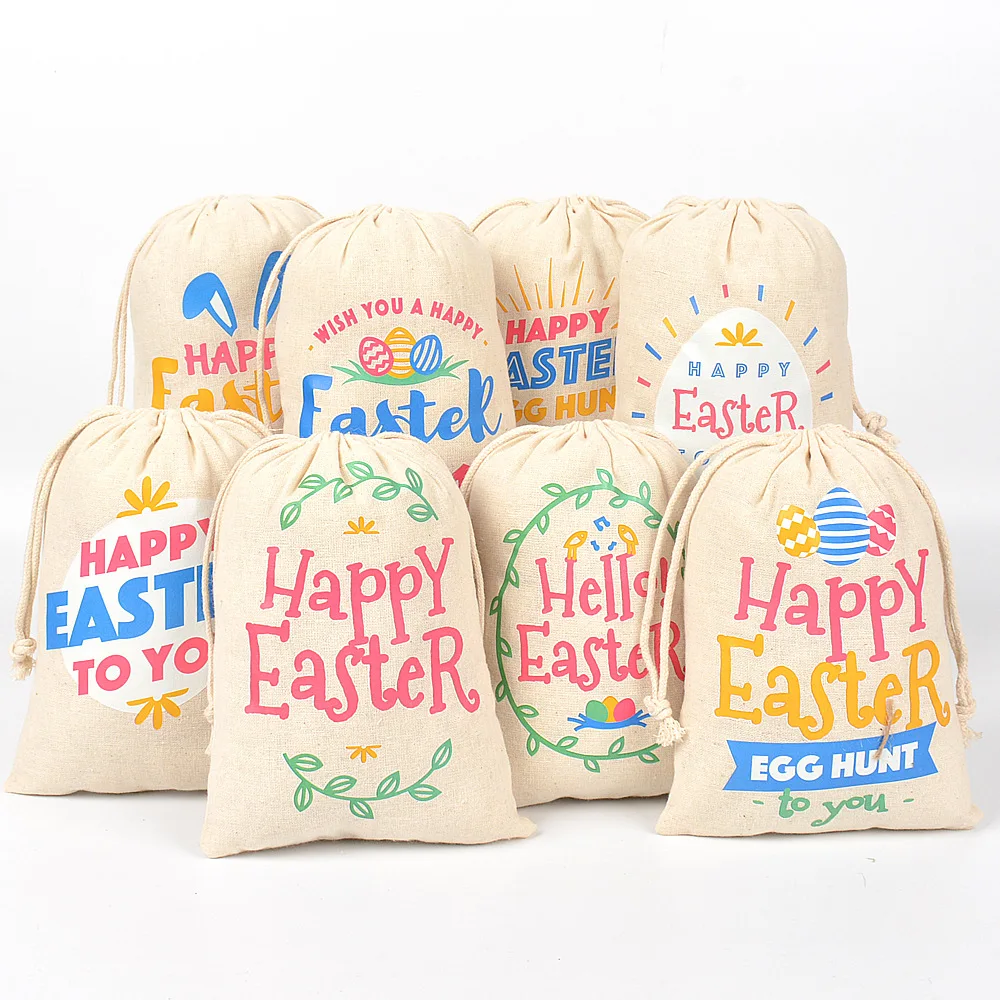10*15cm Happy Easter Cotton Drawstring Rabbit Small Pocket Kids Reusable Pouches for Candy Gift Packaging Party Customized Logo
