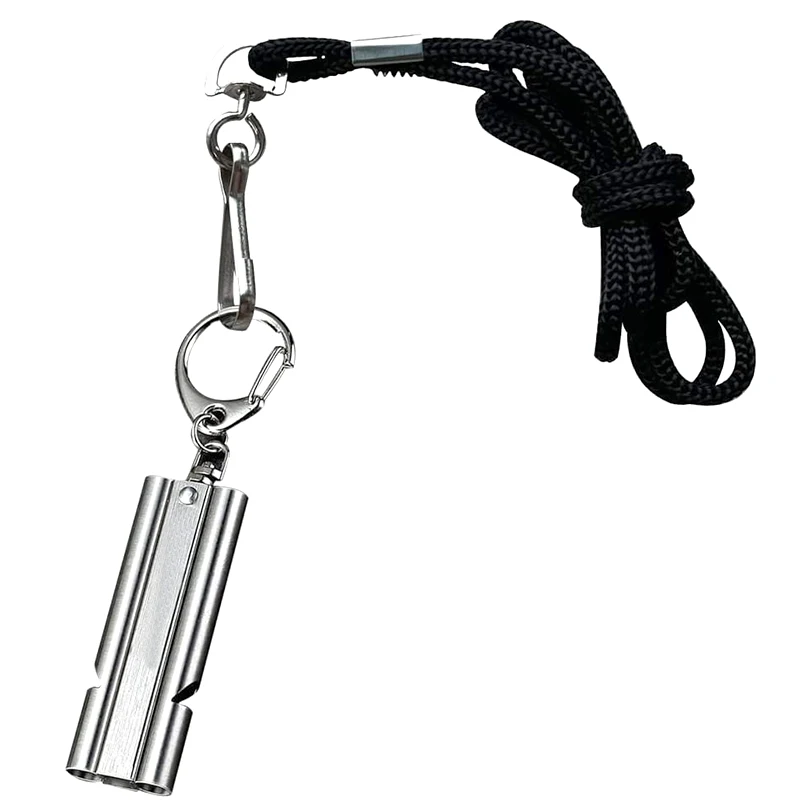 Fishing Training Rescue Stainless Waterproof Emergency Survival Double Tube 120DB Whistle with Lanyard Keychain