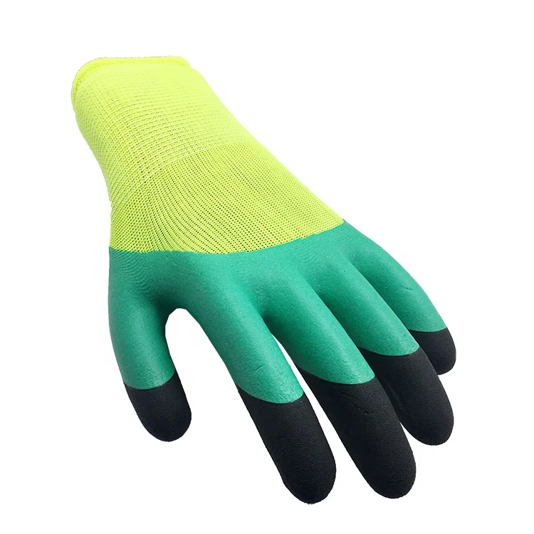China made polyester Knitted green half latex coated Gloves with black finger