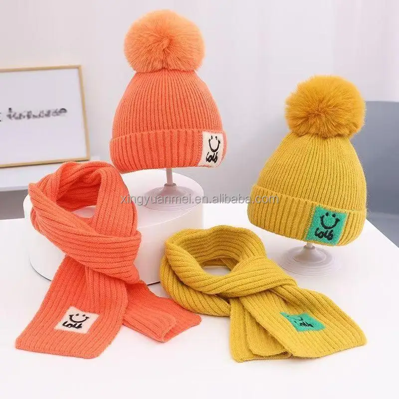 Beanies Baby Hat Pompom Winter Children Hat Knitted Cute Cap Scarf Gloves Suit For Girl Boy Casual Solid Color Hat Baby Beanies