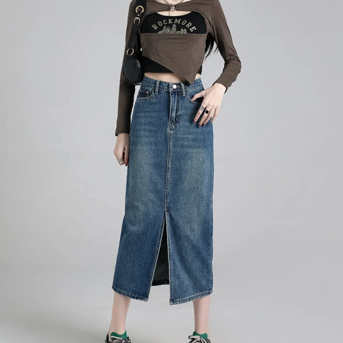 Super soft yarn denim casual split color pocket design sense ins loose all matching high Fanny pack hip skirt
