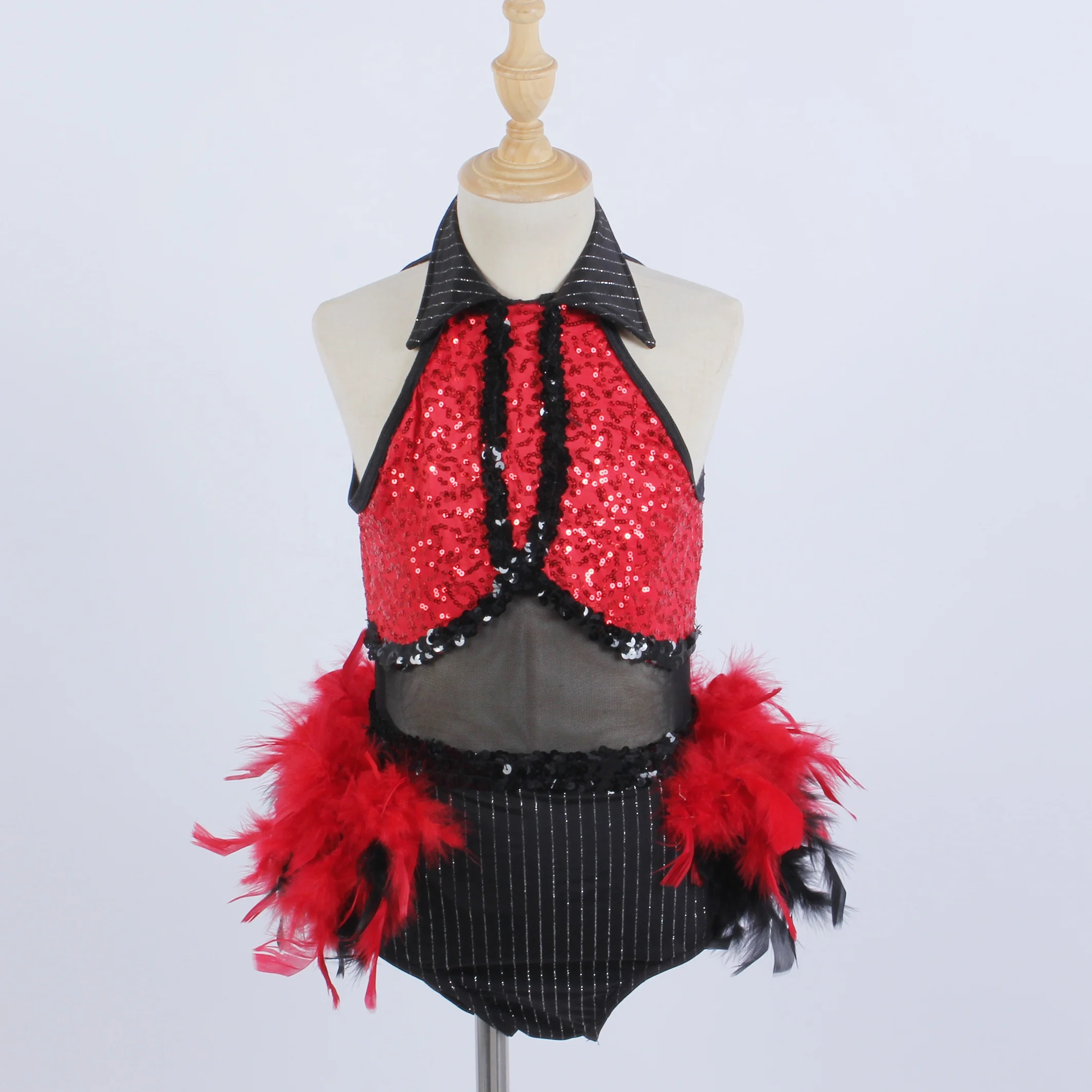 Competition High Quality red Sequin dance wear black red Feather Jazz Dance costume stage performance dance leotard