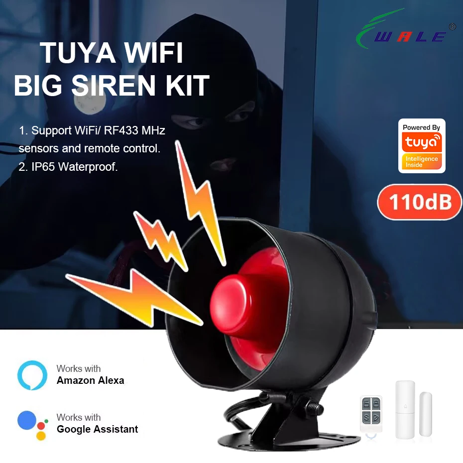 Tuya WiFi Big Sound Outdoor Siren Support RF433 MHz Sensors and Remote Control