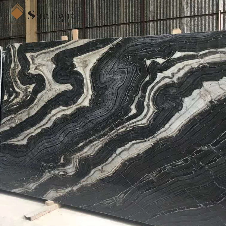 Bookmatch exotic  Popular Black Wooden Marble Slabs with gold lines Polished Black Forest Marble For Wall Tile