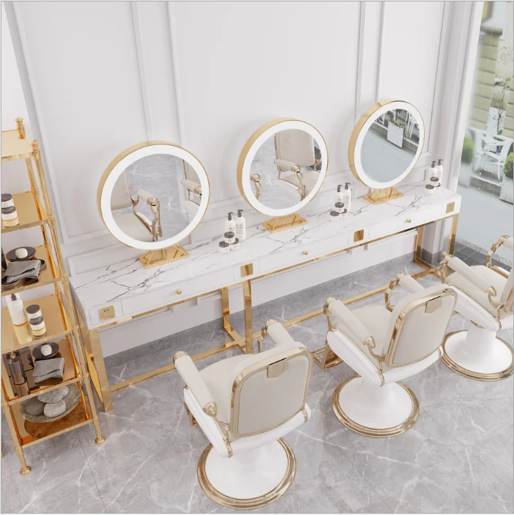 
Marble barber shop double-sided mirror hair salon studio dyeing table hair salon mirror table with light 
