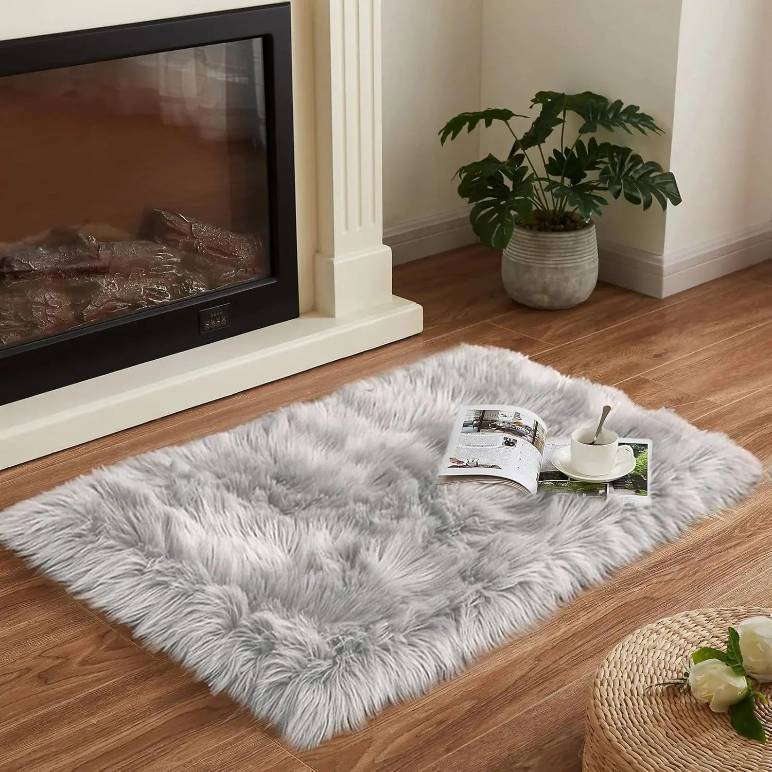 Faux Fur Rug Throw Grey Sheep Skin Fluffy Washable Rugs for Bedroom Dorm Bedside carpet Room Decor Rectangle