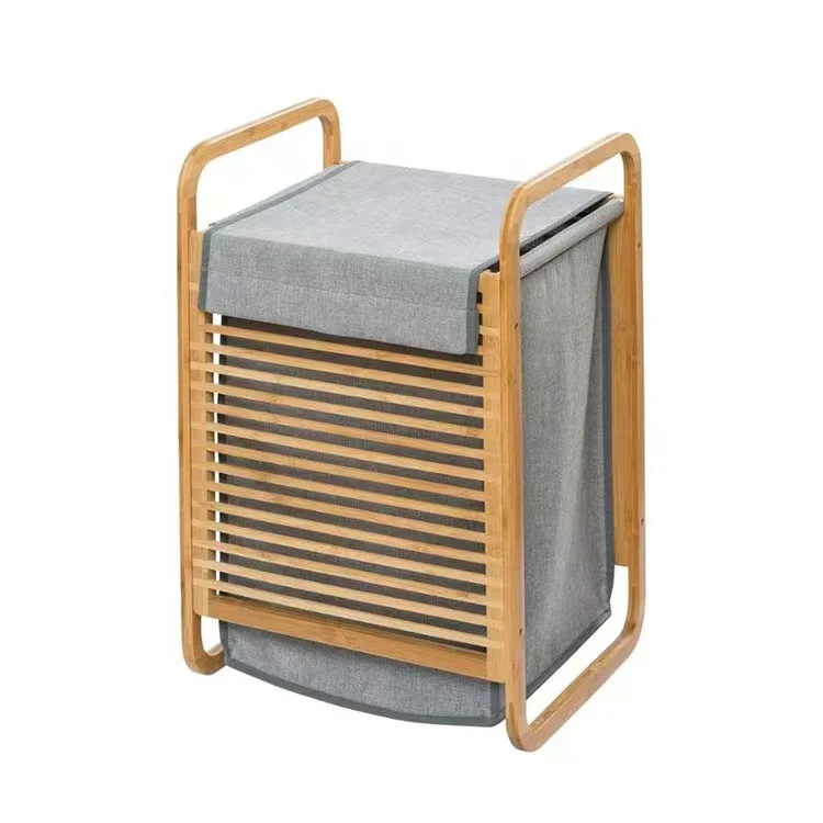 High quality Home Furnishing bamboo and wood fabric storage box with lid foldable laundry basket
