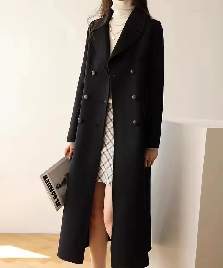 2024 Women Cashmere Long Coat Elegant Turn Down Collar Woolen Coat With Belt Open Stitch Design Winter Warm Coat Casaco Feminino