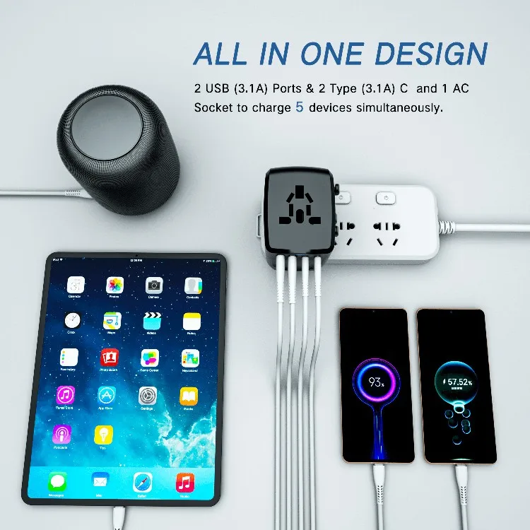 4-USB 1-C Universal Travel Charger Portable Plug Socket Adapter International Voltage Converter USB Travel Adapter Global Travel