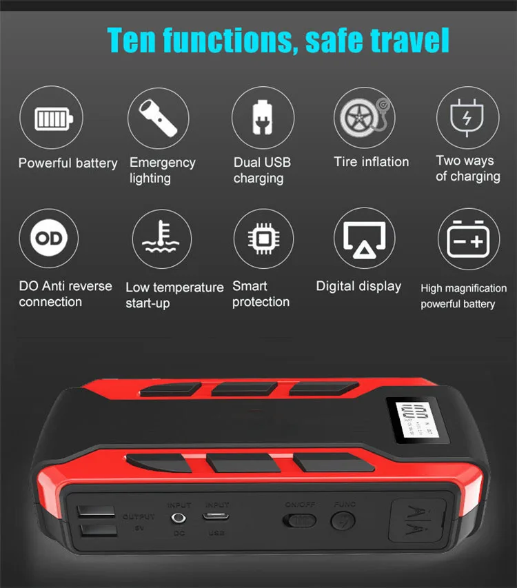 12V high power automotive emergency start power supply  2000A Peak Car Jump Starter  with wireless charging