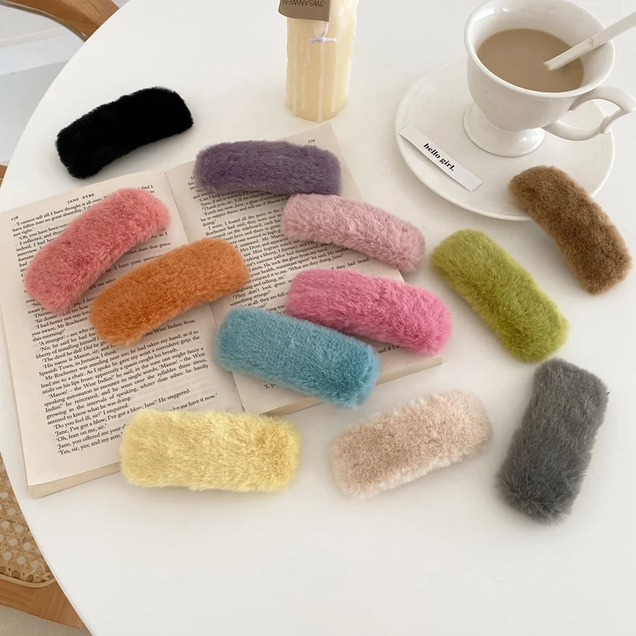 2020 fall winter luxury retro rectangle decorative trending hair clip accessories faux mink furry fur hair pins