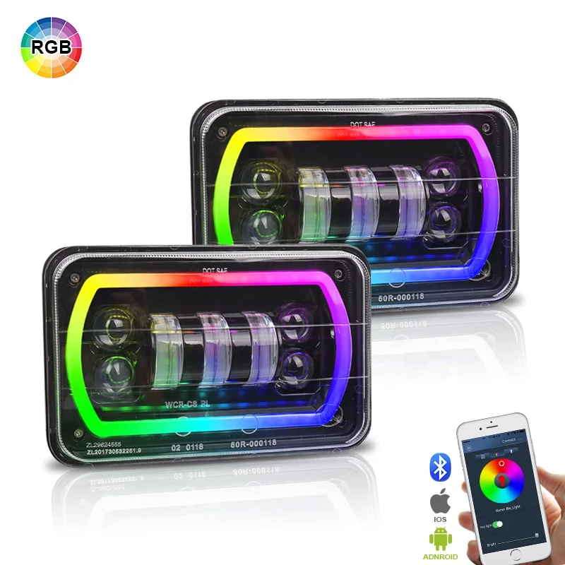 Прямоугольная светодиодная фара OVOVS 4x6 RGB Halo 4x6 дюймов, светодиодные фары для грузовика