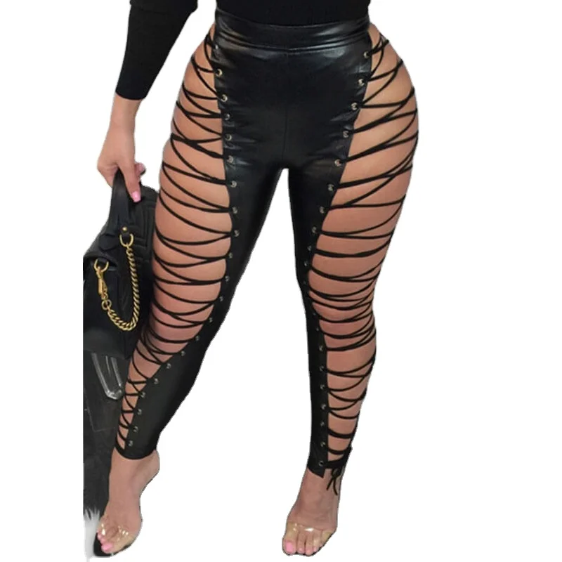 Sexy girls Tight Skinny outfit soft quality pu pants Hollow clothes kim ladies push up leather pants  fall clothing for women