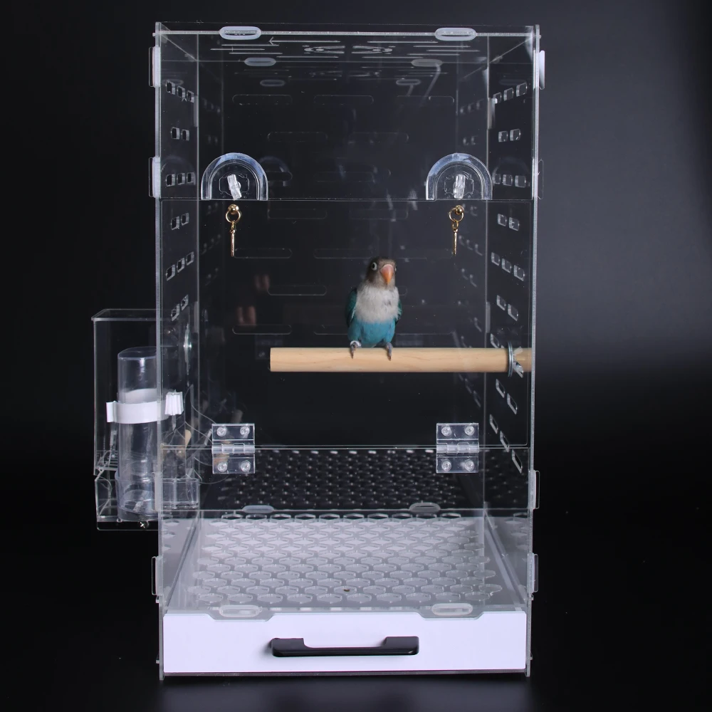 Custom big size  rectangle clear Acrylic Parrot Bird Cages with breeding door and food cups