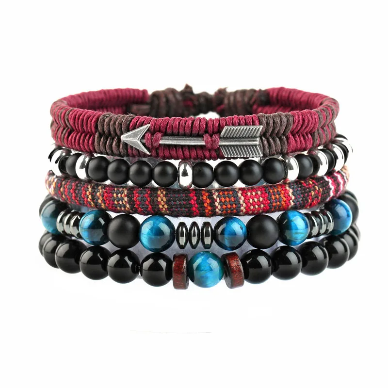 YW Vintage Unisex Women Men Black Bead Leather Bracelets Fashion Hollow Triangle Multi layer Bracelet Tribal Wrap Jewelry