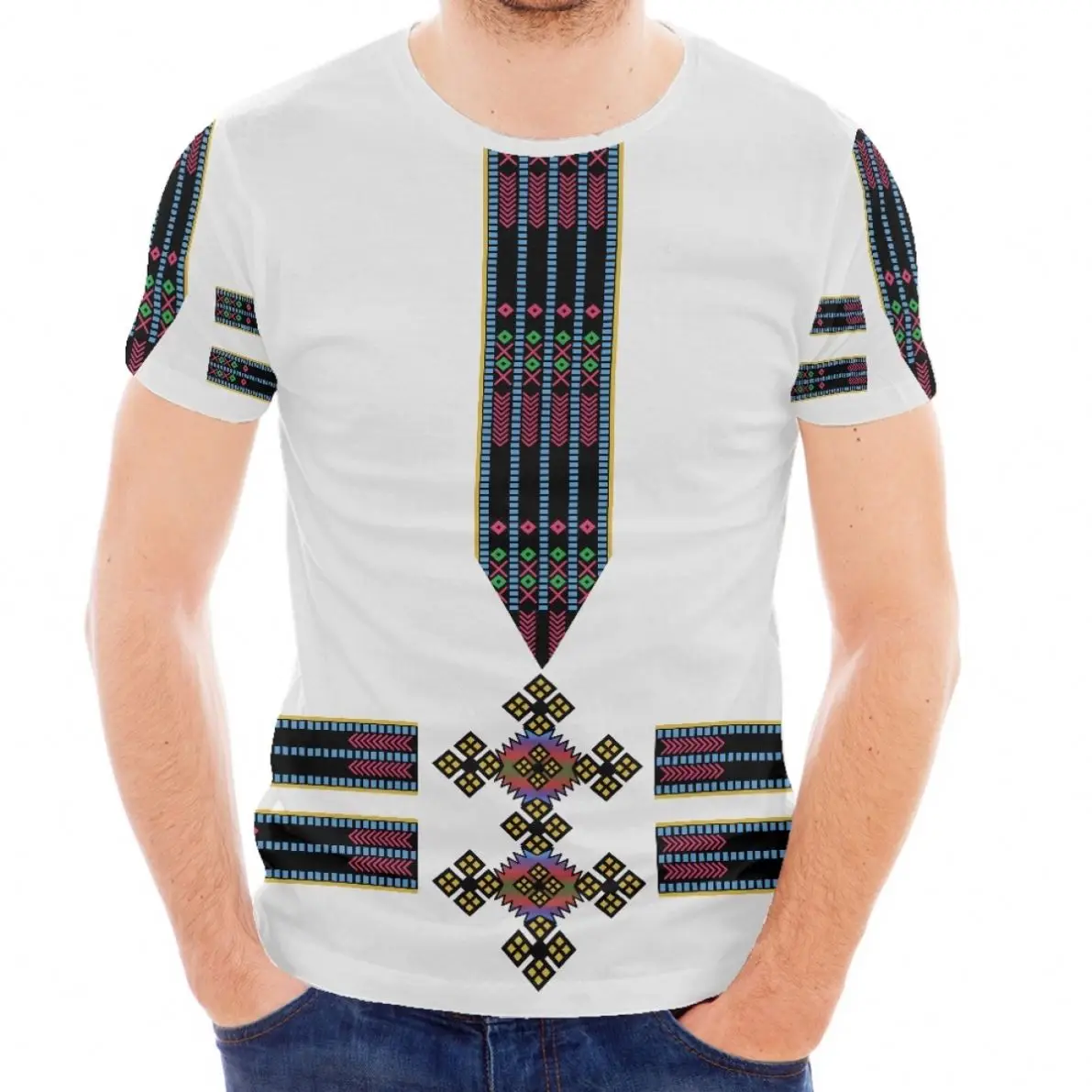White Ethiopian Flag Cross Crewneck T Shirt Luxury Gym Clothes Ethiopia Shirts for Men Sportswear Summer Casual Custom Tees Bulk