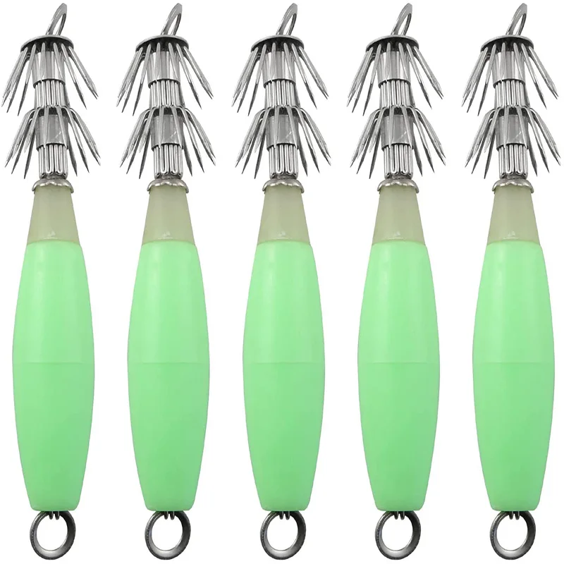5pcs Luminous Squid Jig Hooks 12 Stainless Steel Needles Fluorescent Fishing Cuttlefish Sleeve Squid Jig Baits Night Fishing