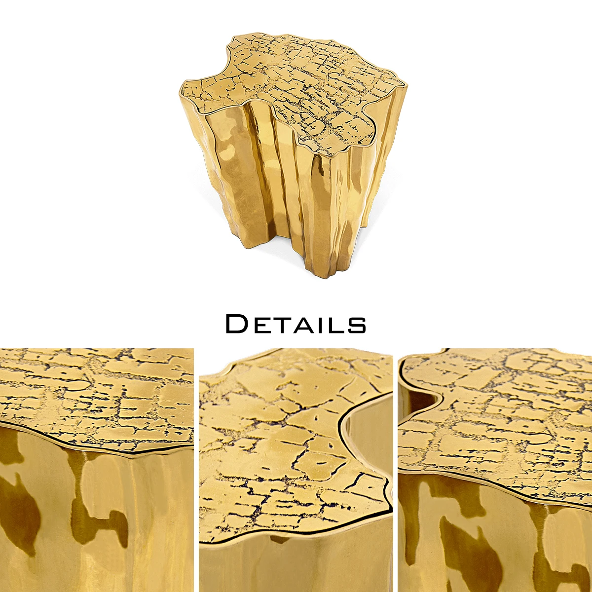 Unique Side Table Set with Polished Casted Brass and Engraved Golden Tree Design
