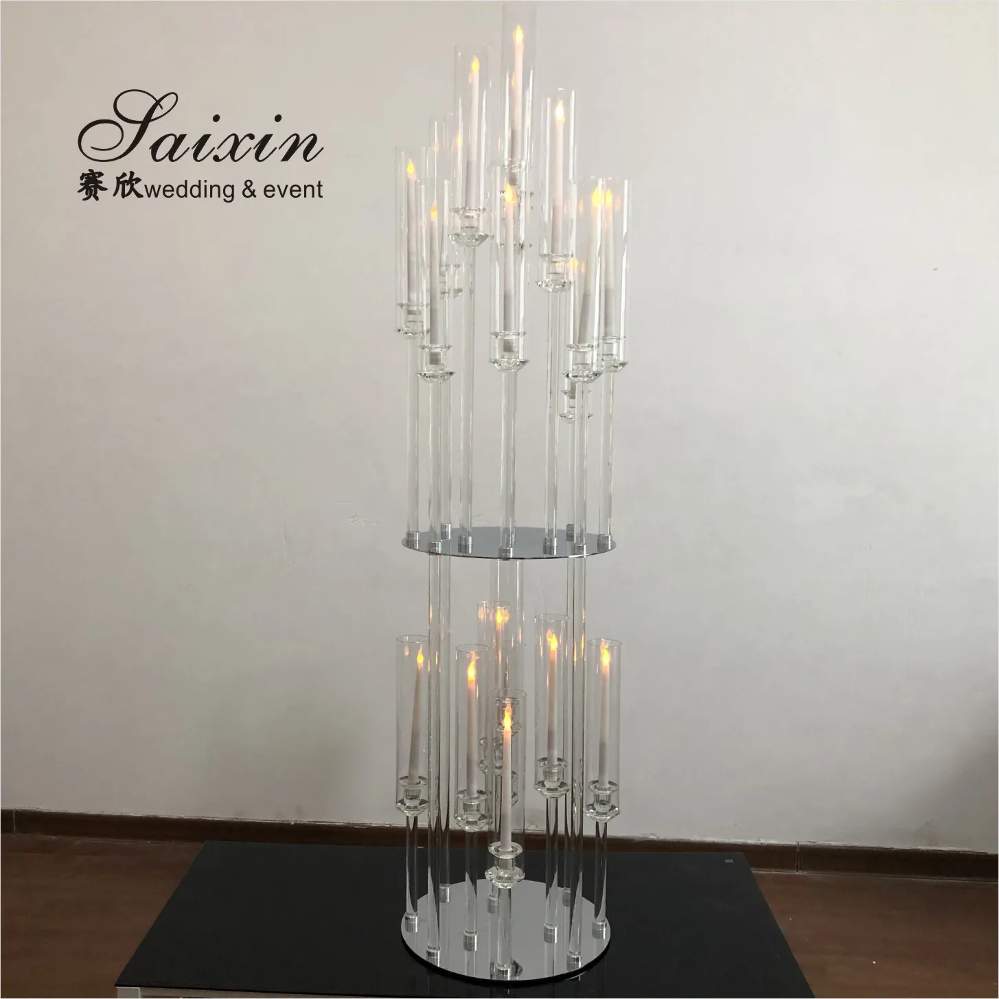 ZT-528C glass tall etched Hurricane candlestick crystal double layer candle holders for large wedding