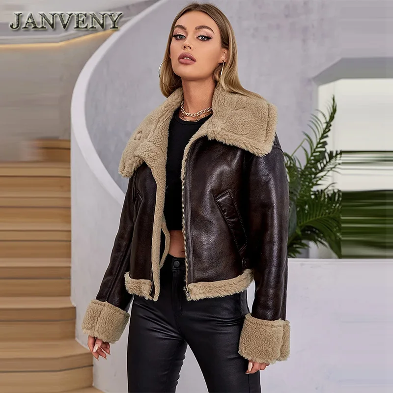 JANVENY 2024 New Winter Faux Lamb Fur Leather Jacket Women Long Sleeve Zipper Pockets Thick Warm Sheepskin Fleece Motor Coat