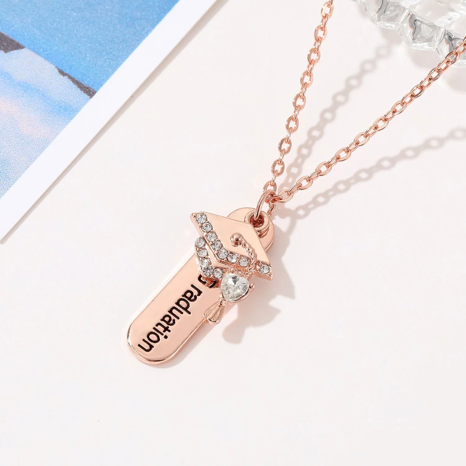 Graduation Certificate Bachelor Hat crystal necklace high quality Graduation Gift Jewelry Rose Gold Lock Bone Chain Friend Gift