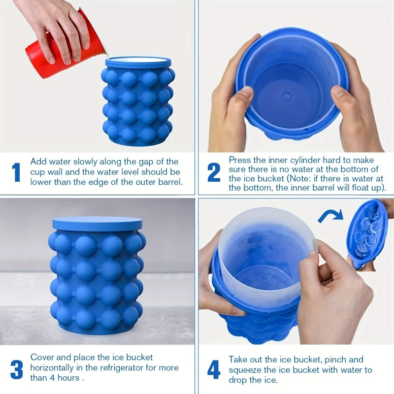 Best Seller Ice Cube Mold Trays Large Silicone Ice Bucket (2 in 1) Ice Cube Maker Round Portable (Dark Blue)