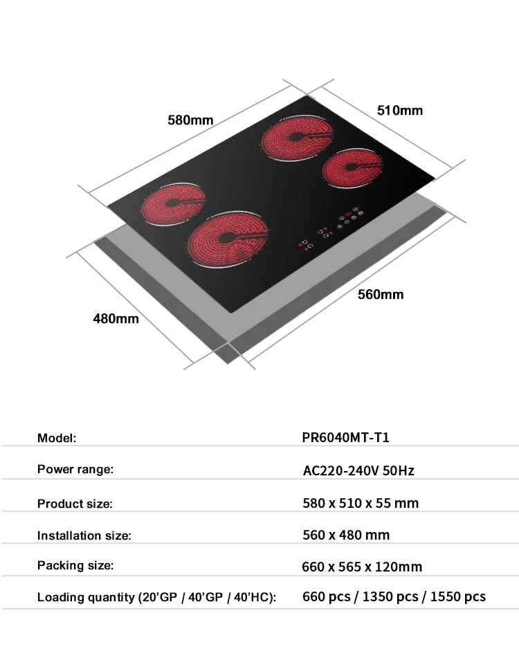 Professional manufacturer Built in Home Products 60cm 4 Burners Sensor Touch Control Glass Ceramic Hob