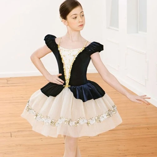 dance costume  adult stage ballet tutu dress children one piece performance  short sleeve velvet knee length dance party dress